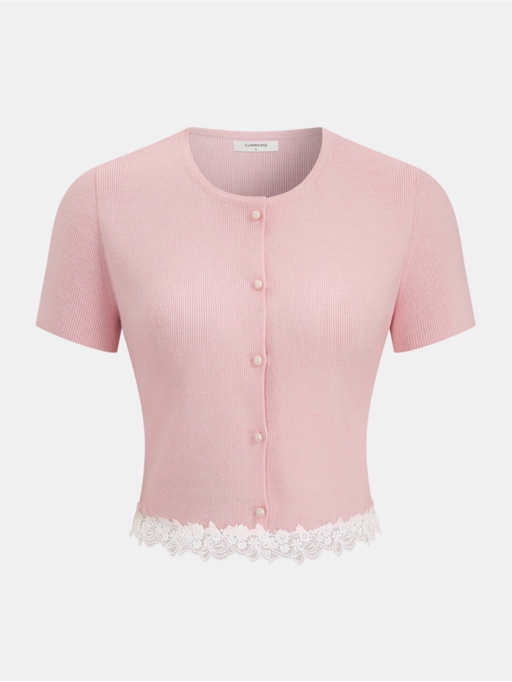 Commense Ribbed Lace-Trim Short Sleeve Cardigan